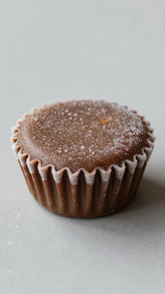 single frozen peanut butter cup with frosty edges, macro shot