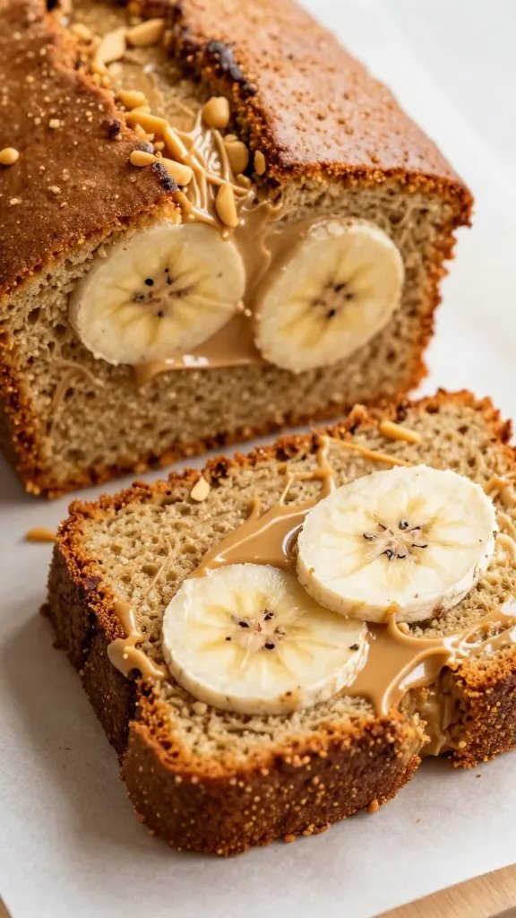 closeup slice of peanut butter banana bread on parchment