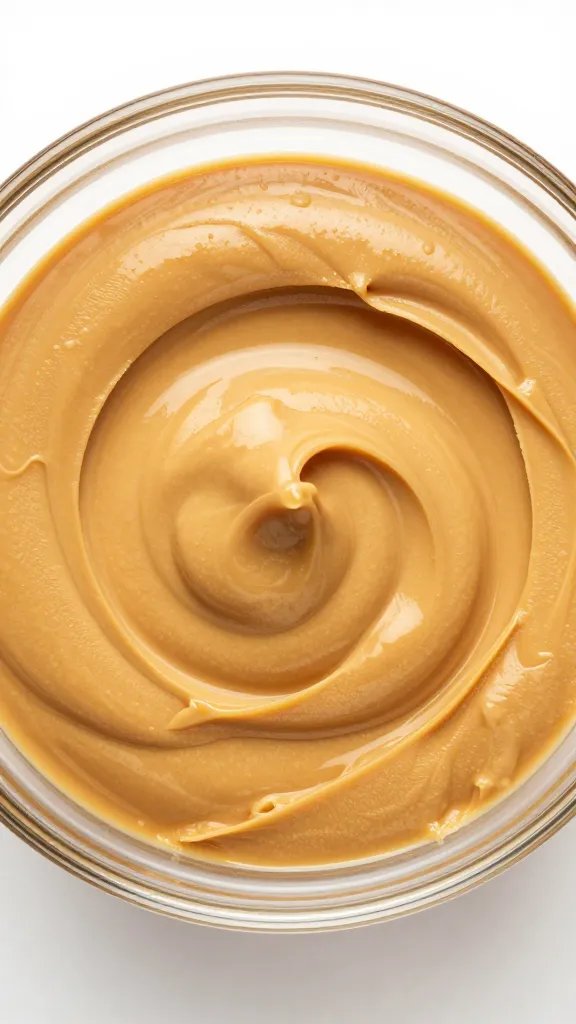 glossy swirl of creamy peanut butter in glass bowl, overhead