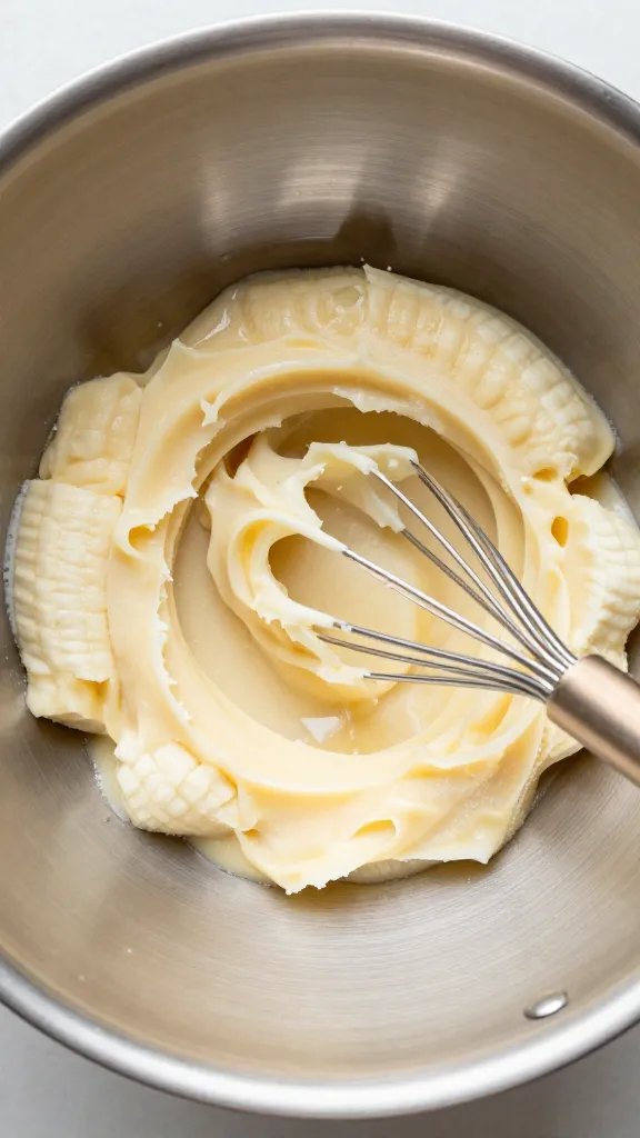 mashed ripe bananas in stainless mixing bowl, whisk visible