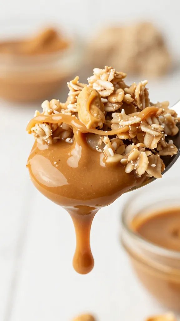 spoonful of custardy peanut butter oatmeal, dripping, shallow depth