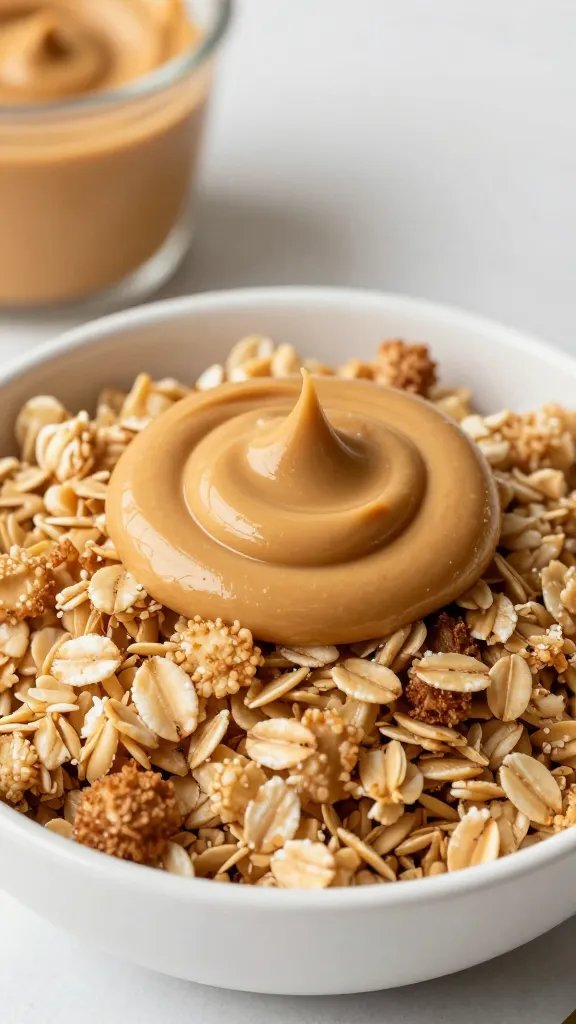 golden toasted oatmeal top with peanut butter swirl, macro shot