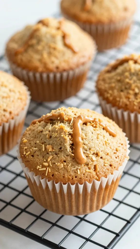 closeup peanut butter protein muffin on cooling rack