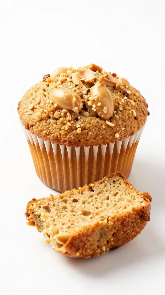sliced peanut butter protein muffin showing tender crumb