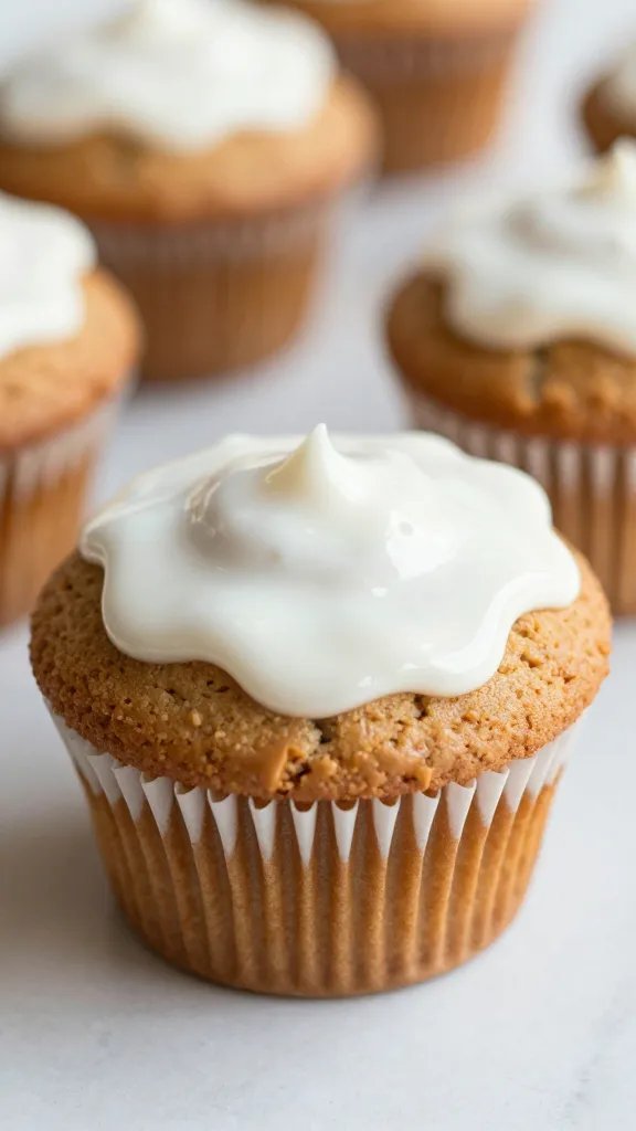 single peanut butter protein muffin with glossy yogurt glaze