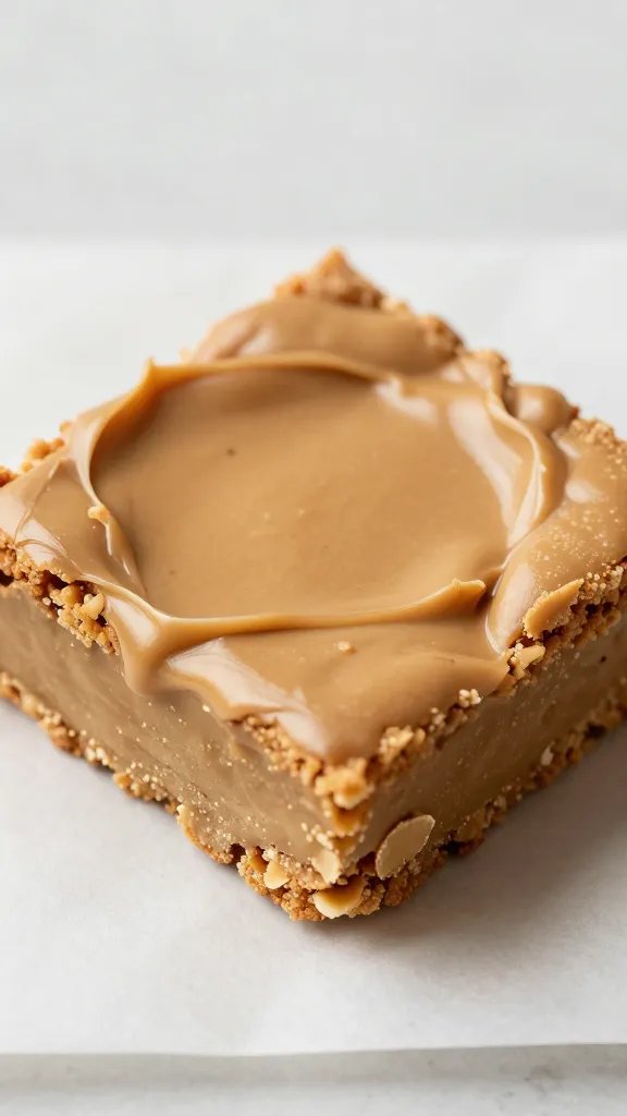 closeup of a single peanut butter blondie square on parchment