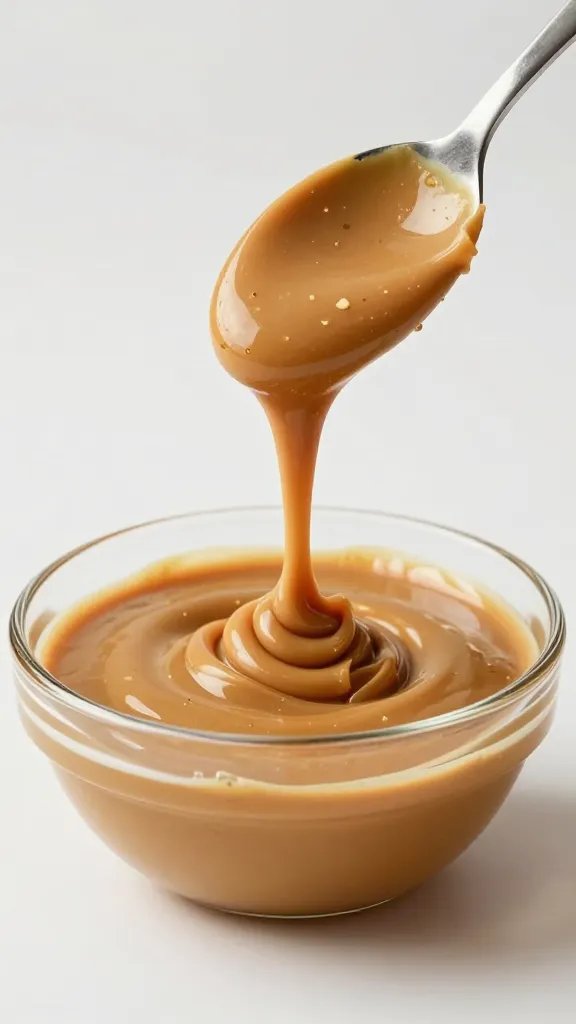 spoonful of natural peanut butter dripping into glass bowl