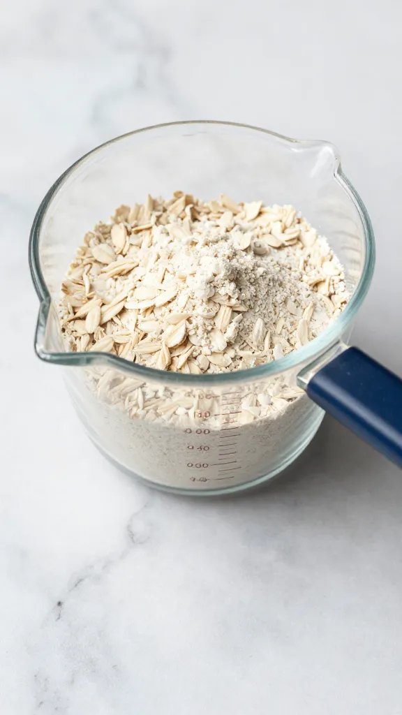 measuring cup of finely ground oat flour on marble countertop
