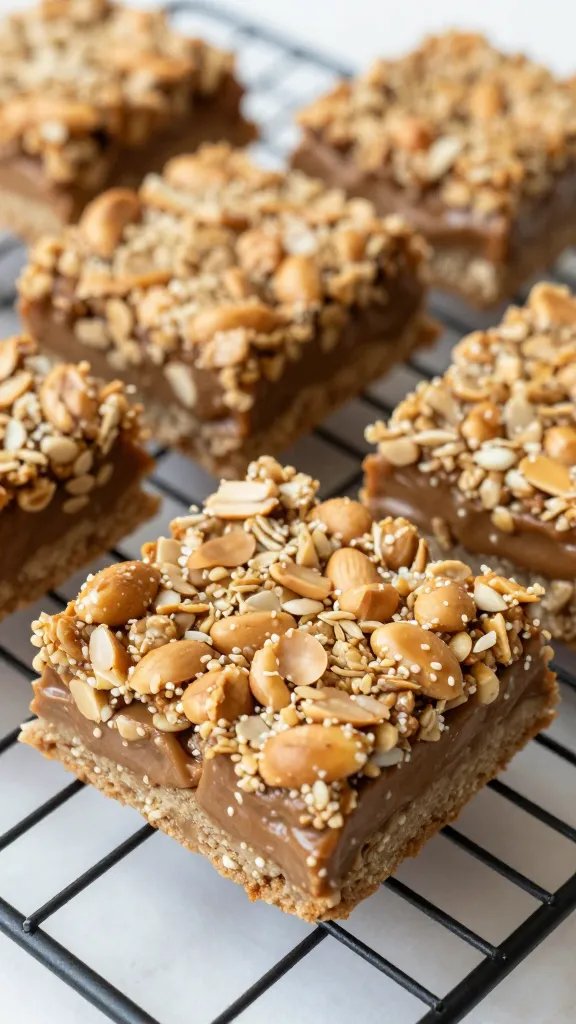 gooey sliced peanut butter oatmeal bar on cooling rack