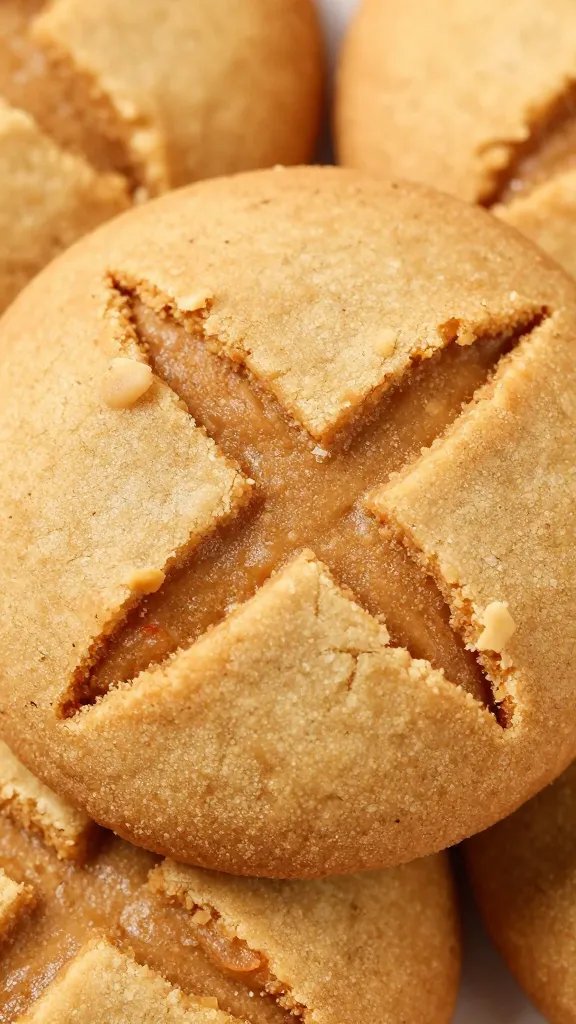closeup of flourless peanut butter cookie with crisscross fork marks