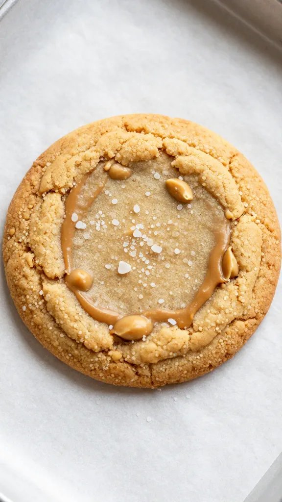single warm peanut butter cookie on parchment, flaky salt visible