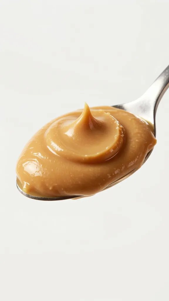 dollop of creamy peanut butter in spoon, studio-lit closeup