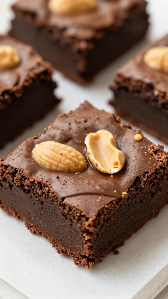 closeup fudgy peanut butter protein brownie on parchment