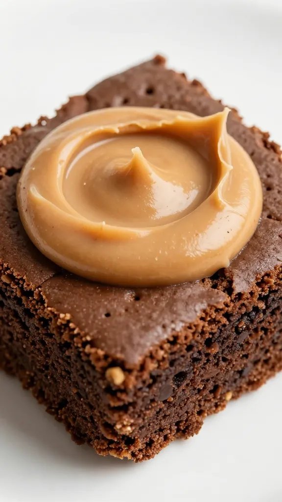 single brownie slice with peanut butter swirl, macro shot