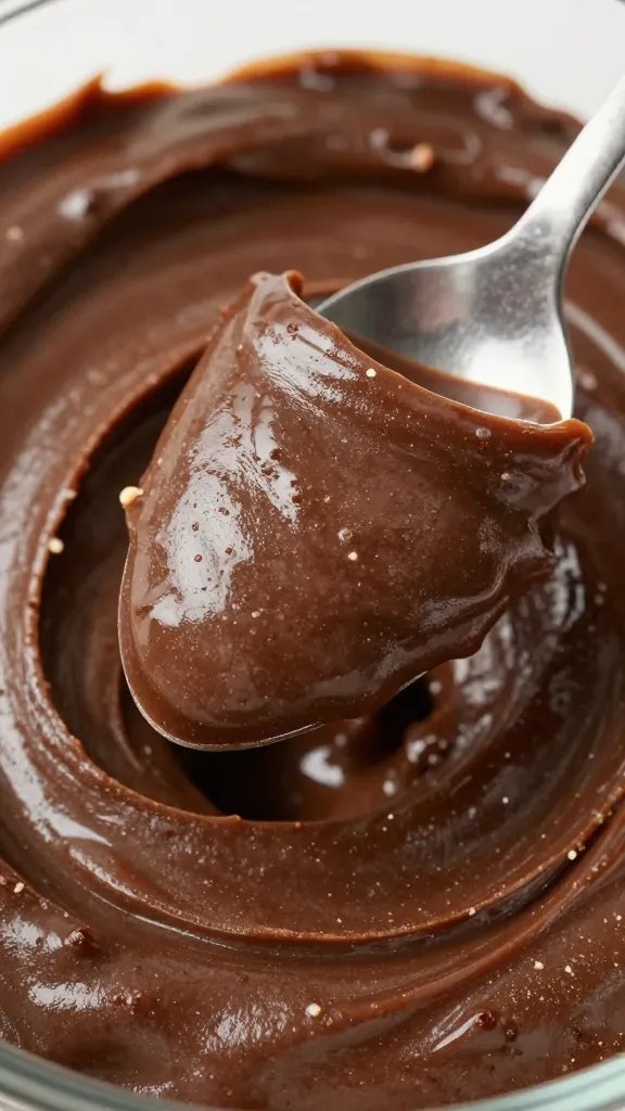 spoonful of glossy brownie batter with protein powder flecks