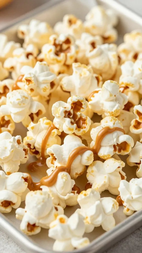 closeup of peanut butter drizzled popcorn on parchment tray