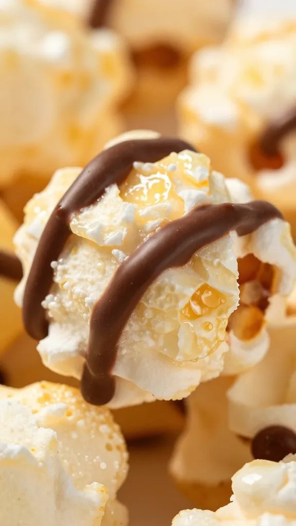 macro shot of glossy chocolate drizzle on single popcorn cluster