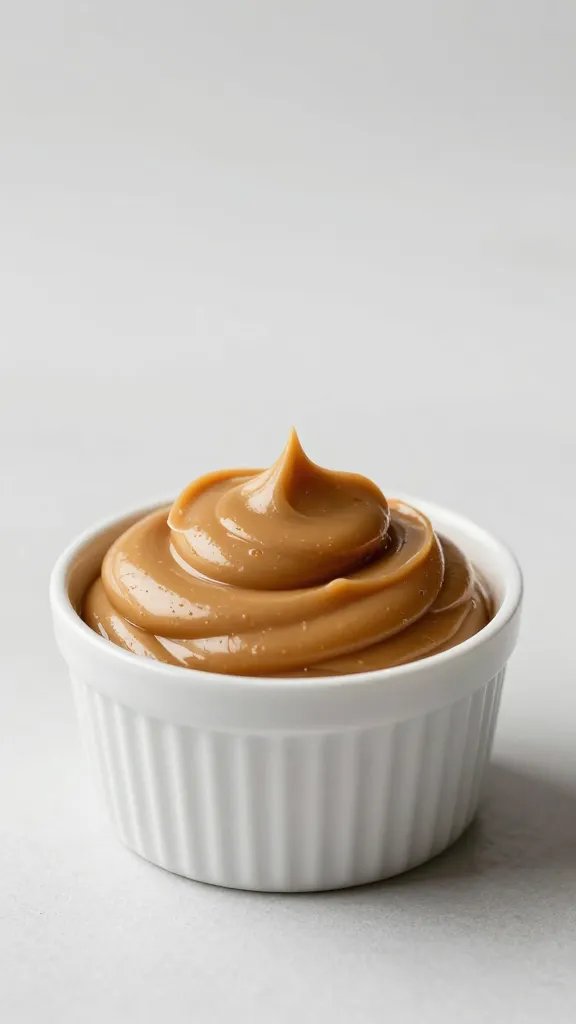warm peanut butter swirl in small ramekin, studio lighting