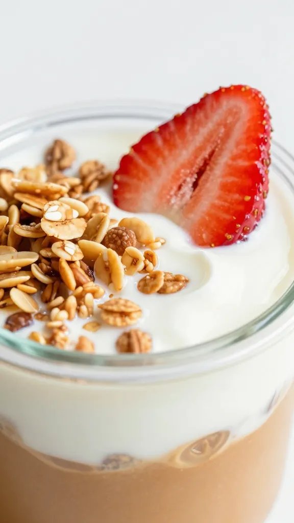 closeup peanut butter granola yogurt cup with strawberry slice