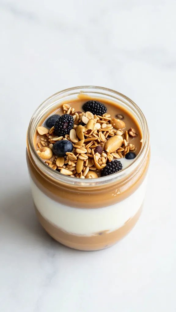 overhead peanut butter granola yogurt cup on white marble