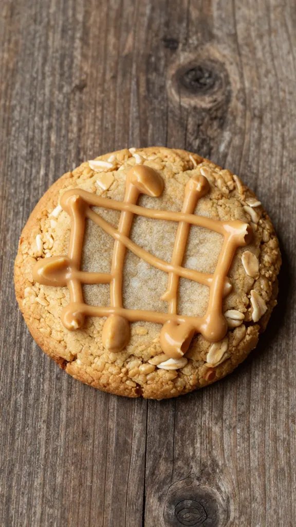 single oatmeal cookie with peanut drizzle, rustic wood backdrop