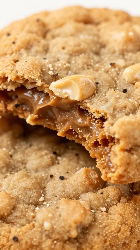macro bite-shot of chewy peanut butter oatmeal cookie