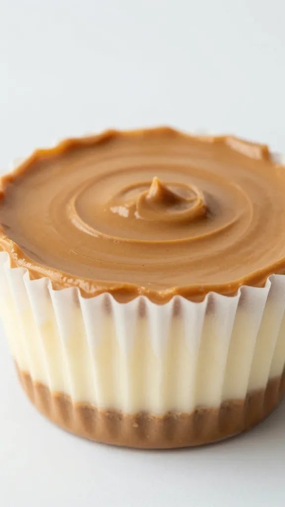 closeup peanut butter protein cheesecake cup in white paper liner