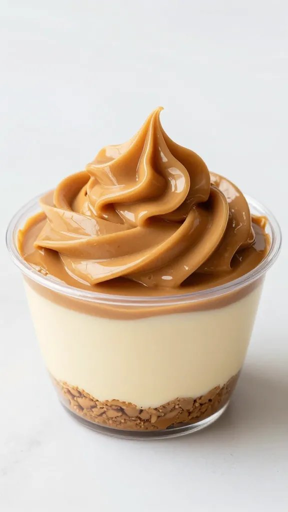 single peanut butter protein cheesecake cup with glossy swirl topping