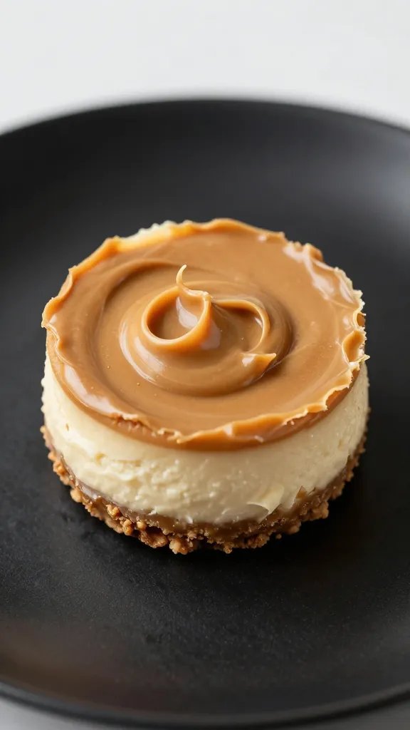 macro shot of peanut butter cheesecake cup on matte black plate