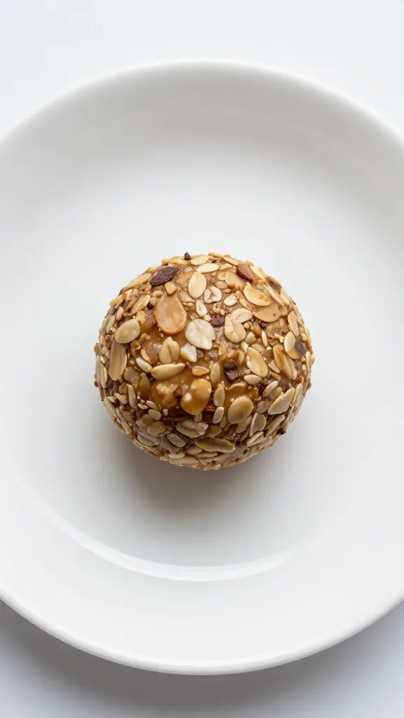 single chilled peanut butter oat ball on white ceramic plate