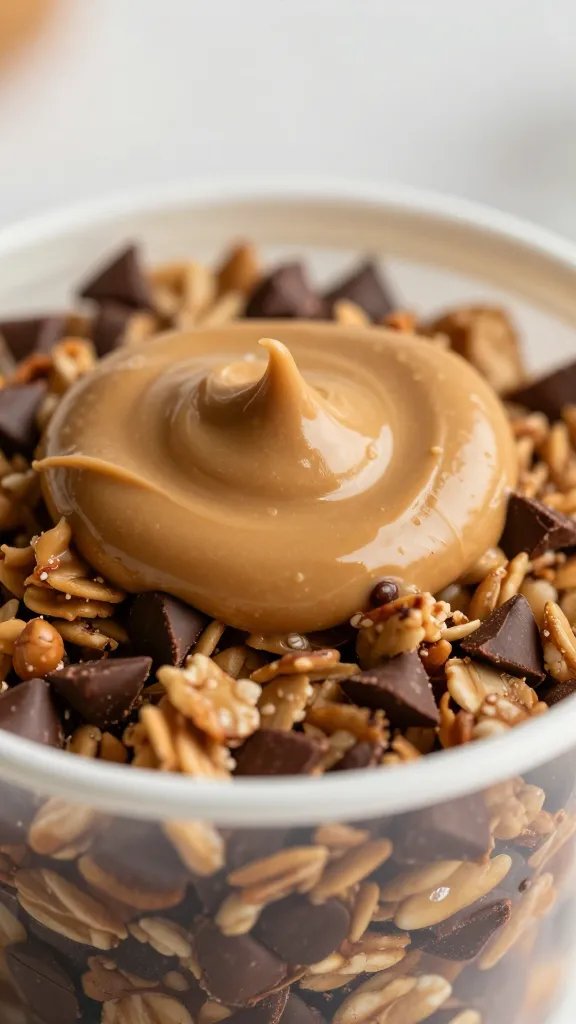 macro of peanut butter drizzle on one chocolate chip oat cup