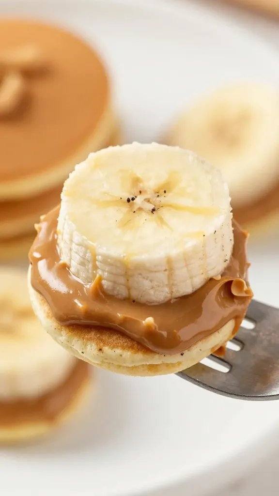 closeup of peanut butter banana protein pancake bite on fork