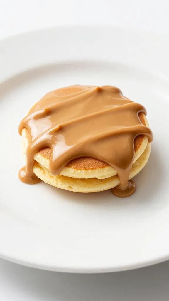 single peanut butter-drizzled pancake bite on white plate
