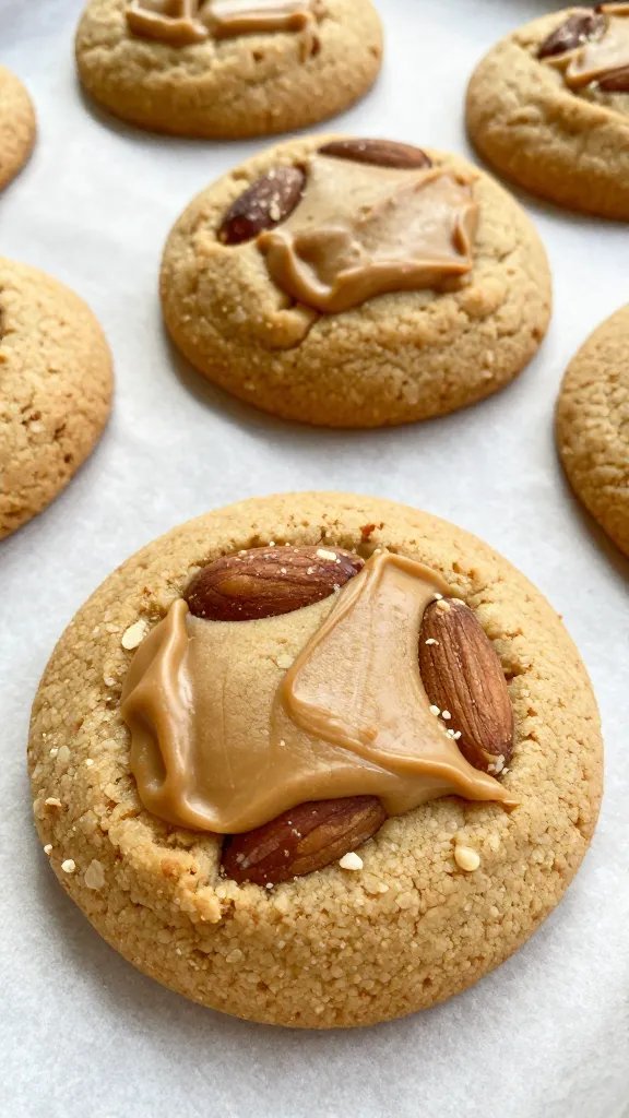 closeup peanut butter almond flour cookie on parchment