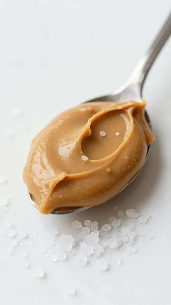 spoonful of creamy peanut butter with coarse sea salt