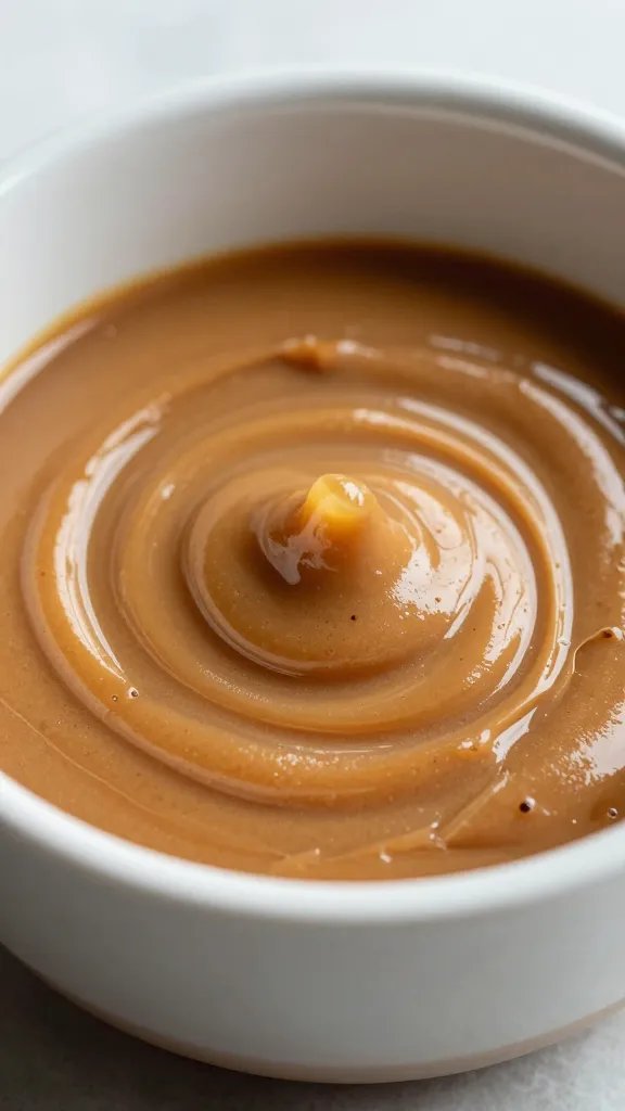 glossy peanut butter honey swirl in small saucepan, macro