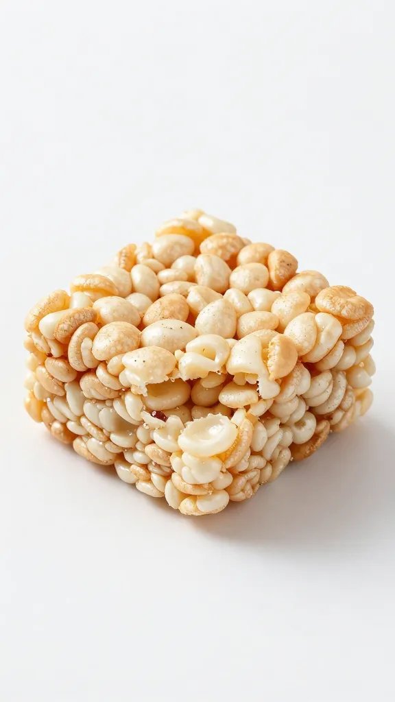 single square rice crispy treat with clean knife cut, macro