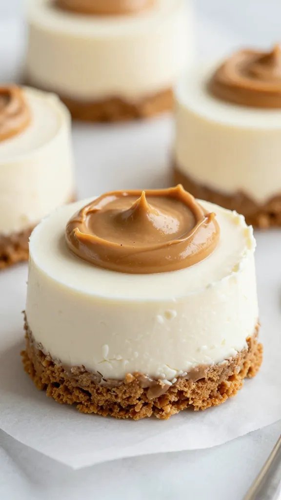 closeup peanut butter greek yogurt cheesecake bite on parchment