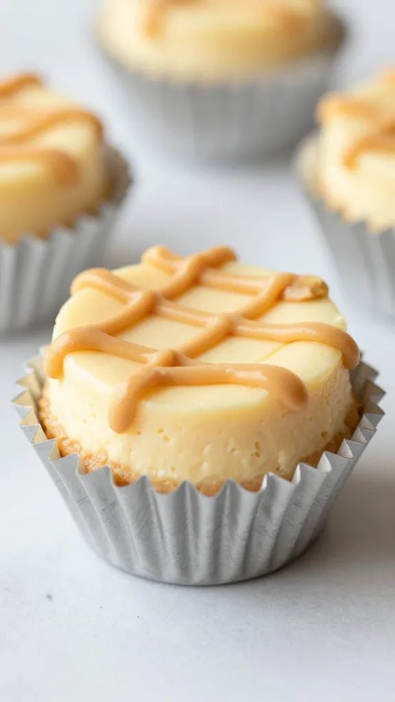 single mini cheesecake bite in muffin liner, peanut drizzle