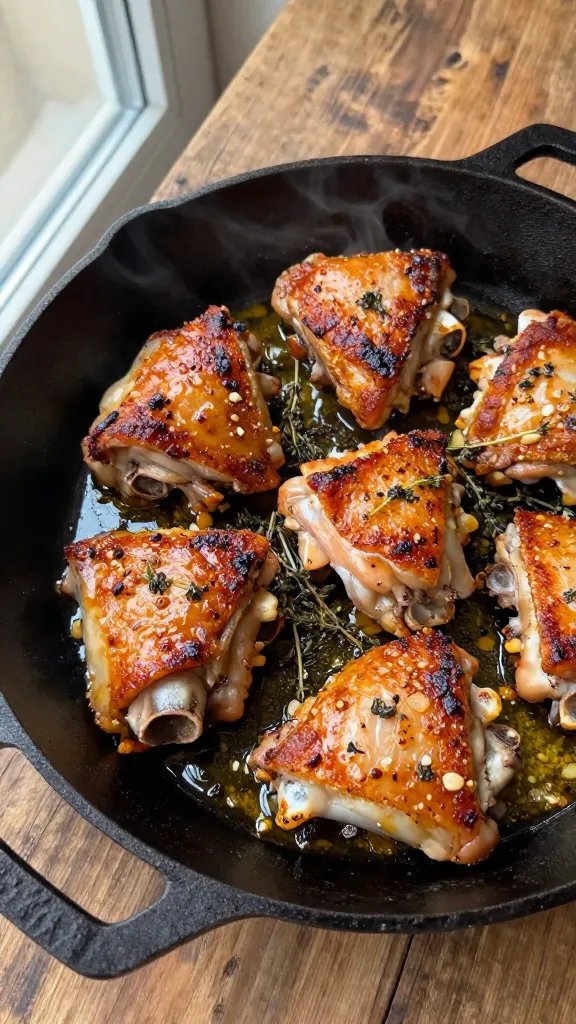 Overhead shot of a black cast-iron skillet on a rustic wooden table, six bone-in skin-on chicken thighs with deeply rendered, blistered, golden-brown crispy skin glistening in melted garlic butter; visible browned garlic bits and thyme leaves nestled in the pooled butter, edges of the skillet lightly spattered; soft natural window light from the left, shallow depth of field, steam subtly rising, no text, high-resolution food photography.