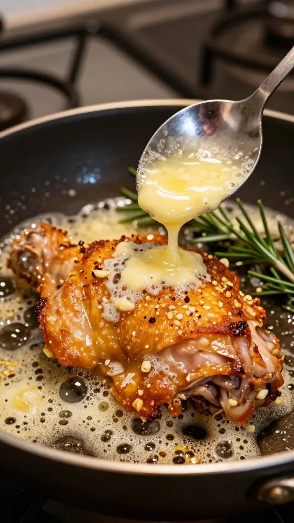 Close-up, three-quarter angle of a single chicken thigh being basted with a spoonful of foaming garlic butter in a skillet; crisp, crackly skin with tight bubbles, butter studded with minced garlic and red pepper flakes, a sprig of rosemary sizzling; background softly blurred stove surface, warm highlights reflecting off the fat; dramatic side lighting emphasizing texture and gloss, no text.