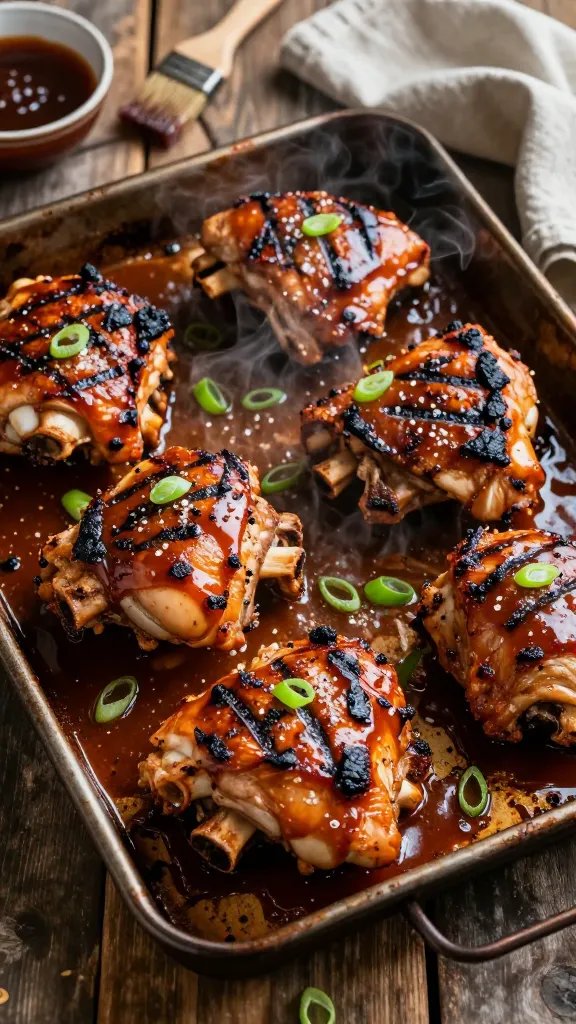 Close-up overhead shot of a sheet pan fresh from the oven with 6 bone-in, skin-on chicken thighs lacquered in thick, sticky BBQ sauce, caramelized edges and charred bits, sauce pooling on the pan, a few grill-mark-like dark spots from broiling, coarse black pepper and flaky salt visible, steam rising, garnished with thinly sliced green onions. Background: rustic dark metal pan on a worn wooden table, side elements softly blurred: a basting brush with sauce, a small bowl of BBQ sauce, and a folded linen towel. Warm, moody lighting that emphasizes gloss and texture.