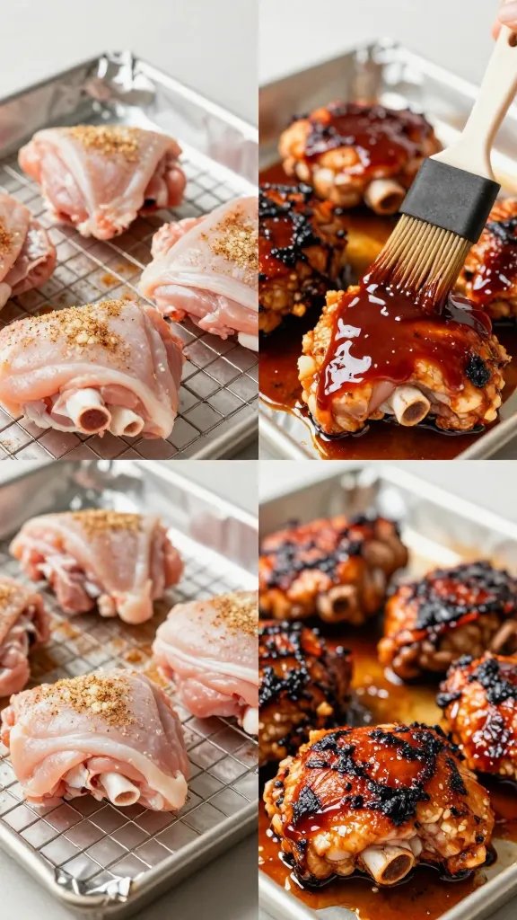 Step-by-step collage-style scene (no text) showing the two-stage cooking method: left frame—raw bone-in chicken thighs patted dry on a wire rack over a foil-lined baking sheet, skin dusted with a visible paprika-garlic-brown sugar rub; middle frame—partially cooked thighs brushed generously with deep red BBQ sauce using a silicone brush; right frame—finished thighs with deeply caramelized, sticky skin, juices glistening. Consistent neutral background, soft natural side light, subtle depth of field, cohesive color grading.