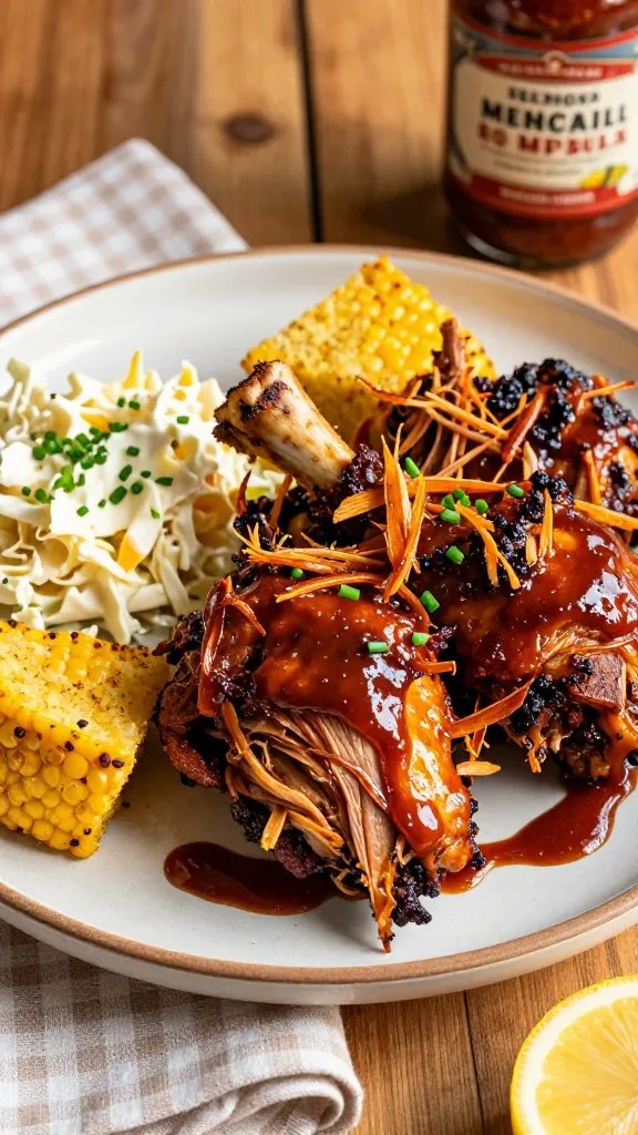 Plated serving scene: a rustic ceramic plate piled with shredded, fall-off-the-bone BBQ chicken thigh meat, glossy strands of sauce clinging to tender pieces, crispy skin shards mixed in, a bone set aside to show clean pull. Sides include a small mound of creamy coleslaw and a buttered cornbread wedge, with a drizzle trail of BBQ sauce on the plate. Sprinkled chives and a lemon wedge for brightness. Background: wooden table with a light checkered napkin, a jar of homemade BBQ sauce in the back, golden late-afternoon lighting highlighting juiciness.