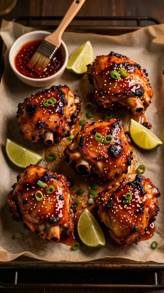 Overhead shot of a parchment-lined sheet pan fresh from the oven with bone-in, skin-on chicken thighs lacquered in a glossy sticky sweet chili glaze; edges caramelized and slightly charred, rendered fat pooling and glistening. Garnish with thinly sliced scallions, sesame seeds, and lime wedges. Include a small bowl of extra sweet chili sauce with a brush resting on the rim. Warm, moody evening lighting with soft shadows, shallow depth of field, no text.