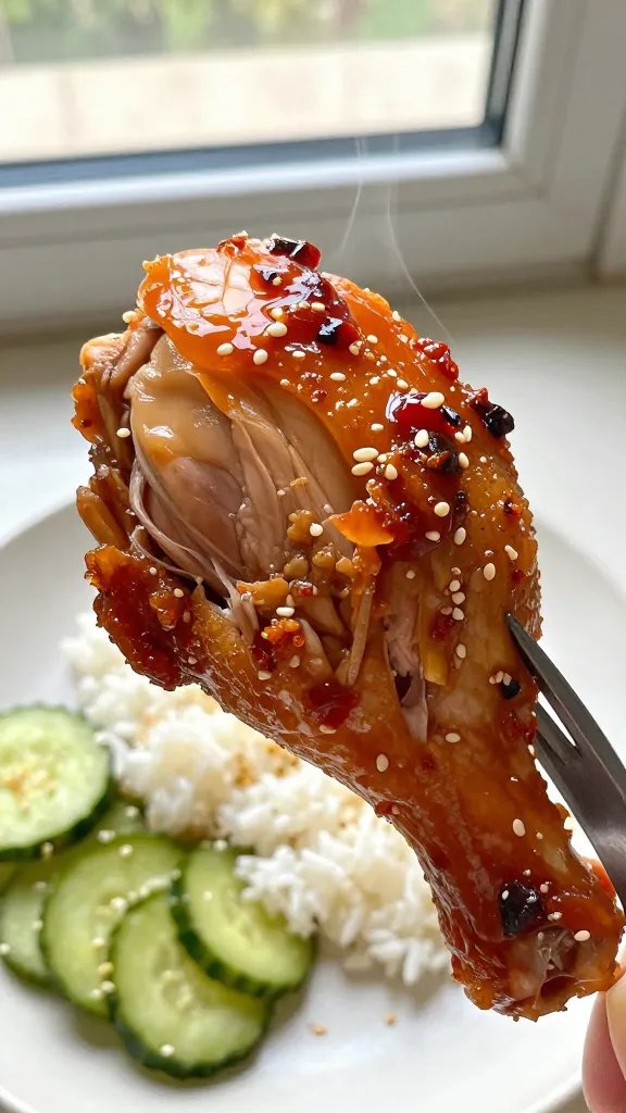 Close-up, three-quarter angle of a fork pulling apart a juicy chicken thigh to reveal tender, moist meat under crackly, caramelized skin coated in sticky sweet chili sauce. Micro-beads of glaze catching the light, steam subtly visible. Background: a simple neutral plate with jasmine rice and quick-pickled cucumbers, sesame seeds scattered. Natural window light, high contrast, no text.