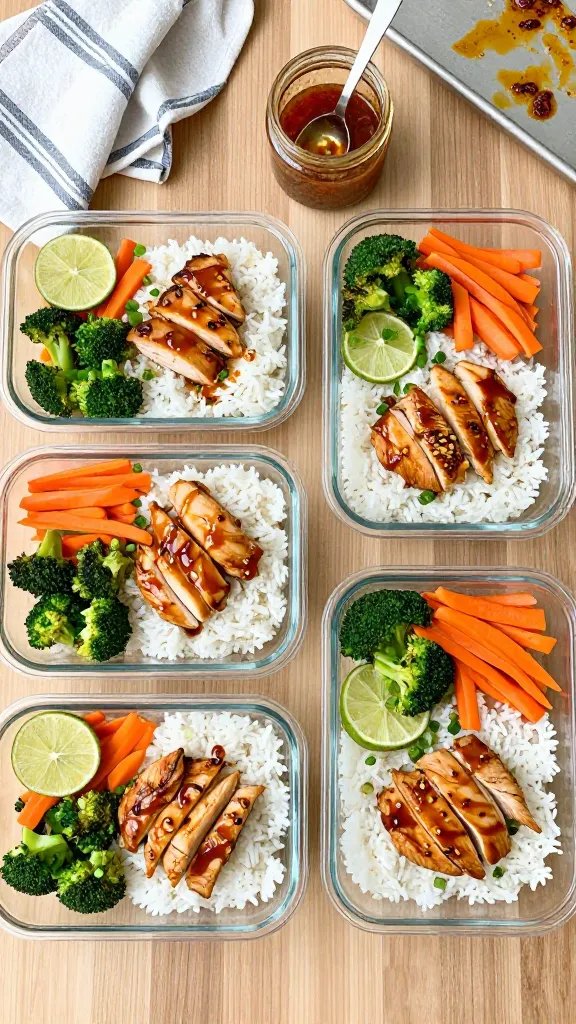 Meal-prep layout on a wooden countertop: four glass containers neatly arranged, each with sliced sweet chili chicken thighs over fluffy white rice, drizzled with extra glaze. Add sides of roasted broccoli and carrot ribbons, lime wedges, and sprinkled scallions. Include a small jar of remaining sauce with a spoon, a crumpled kitchen towel, and a sheet pan in the background with caramelized bits. Bright, clean daytime lighting, overhead composition, no text.