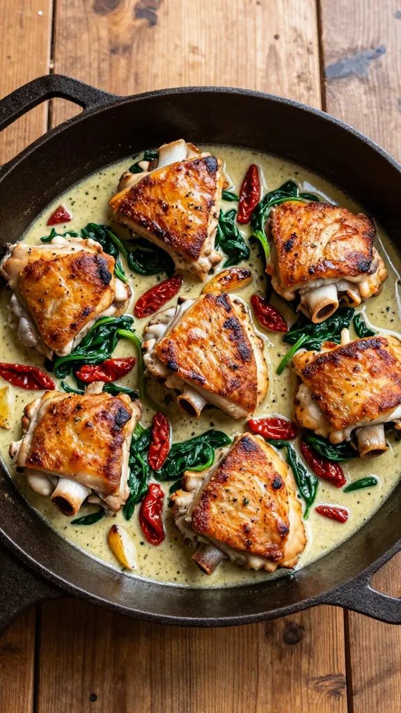 Overhead shot of a rustic cast-iron skillet on a wooden farmhouse table: six bone-in, skin-on chicken thighs with golden, crispy, well-rendered skin nestled in a creamy Parmesan sauce. Visible ribbons of wilted spinach, chopped sun-dried tomatoes, and flecks of black pepper and Italian herbs throughout the sauce. A few browned garlic slices in the pan, glossy sauce pooling around the chicken. Warm, natural window light, soft shadows, no text, no hands, no utensils, cozy Tuscan vibe.