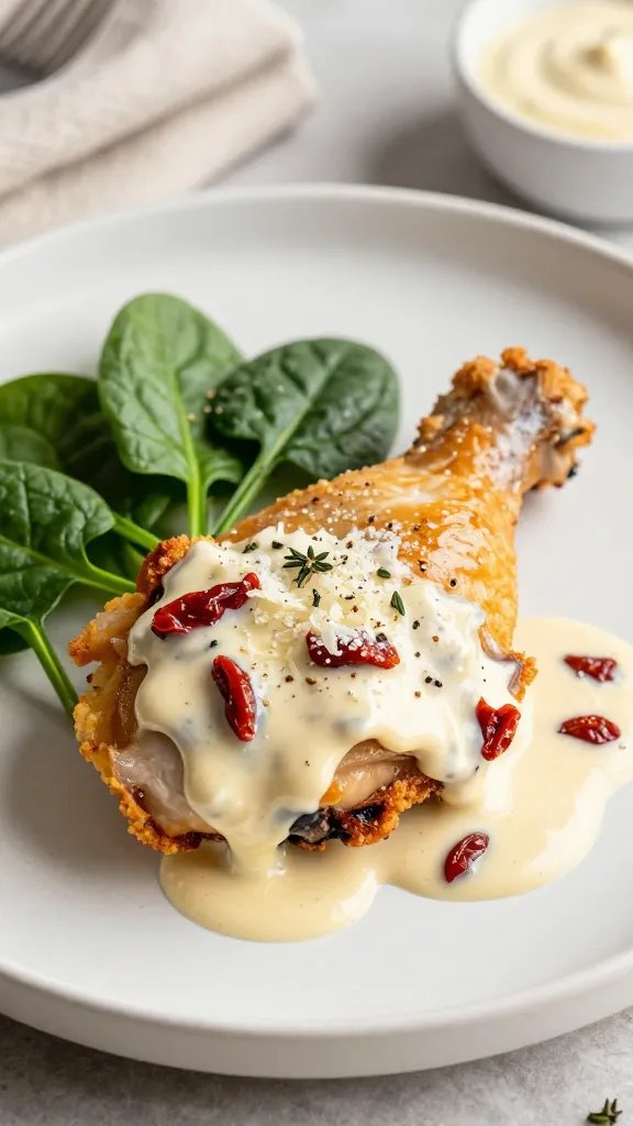 Close-up 45-degree angle of a single plated chicken thigh on a matte off-white ceramic plate: ultra-crispy skin glistening, spooned over with velvety cream sauce studded with sun-dried tomato pieces and grated Parmesan melting in. Fresh spinach leaves just wilted, a light sprinkle of cracked pepper and tiny thyme leaves. Background slightly blurred with a neutral linen napkin and a small bowl of extra sauce. Bright but soft lighting to emphasize texture, no text.