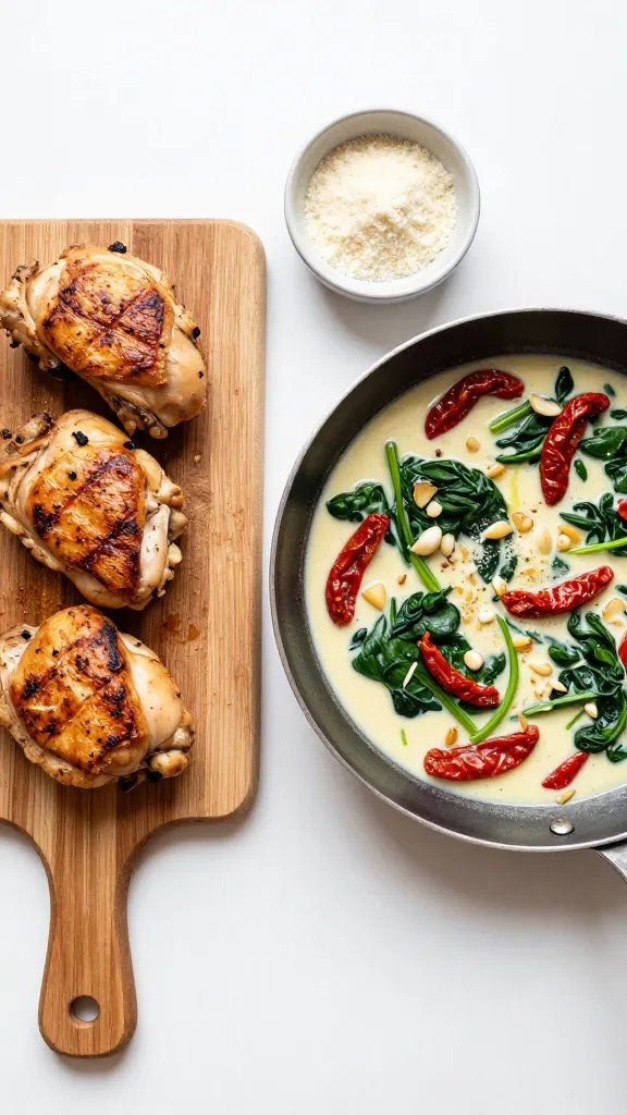 Step-by-step style overhead composition: left side shows seared chicken thighs resting on a wooden board (golden, rendered skin); right side shows the skillet with bubbling cream sauce infused with sautéed garlic, sun-dried tomatoes, and baby spinach wilting into the sauce; a small dish of grated Parmesan nearby ready to be stirred in. Harmonious color palette—creamy whites, deep reds, and fresh greens. Natural daylight, clean minimal surface, no text, no people.